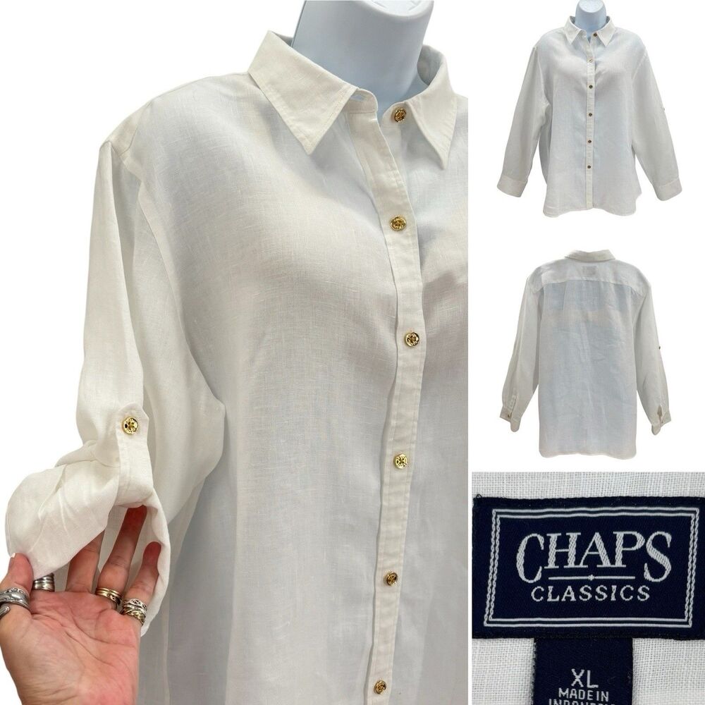 Chaps Classics Button Blouse, 100% Linen, White, XL